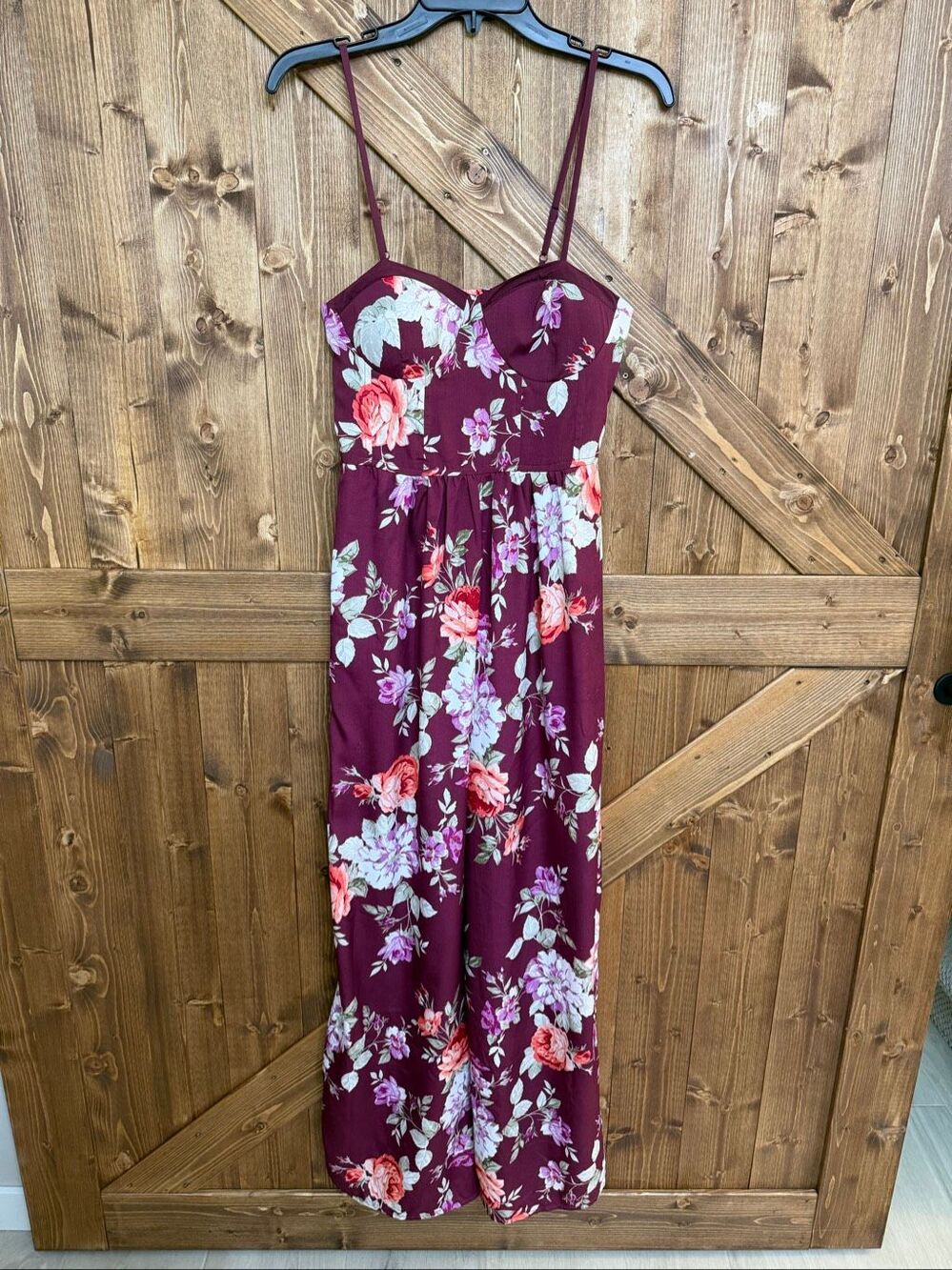 Band of Gypsies Women Large Burgundy Floral Wide Leg Jumpsuit NWT Bustier (7988)
